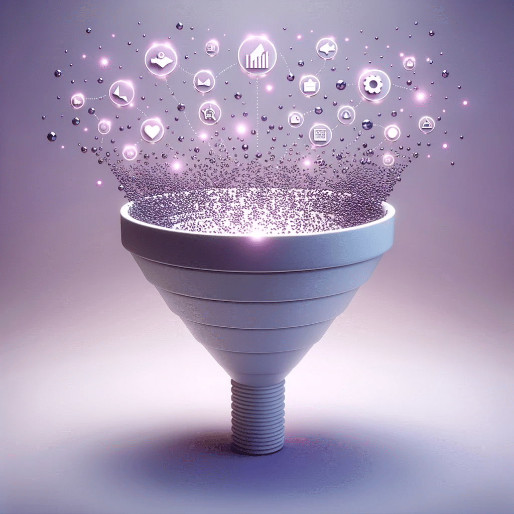 3D model illustration of a digital funnel representing data collection, where raw data particles enter from the top and as they progress downwards, they transform into refined, acactionable insights symbolized by glowing icons.