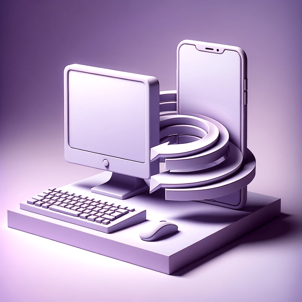 3D model illustration of a traditional desktop computer transitioning or morphing into a modern smartphone, symbolizing the shift from desktop to mobile