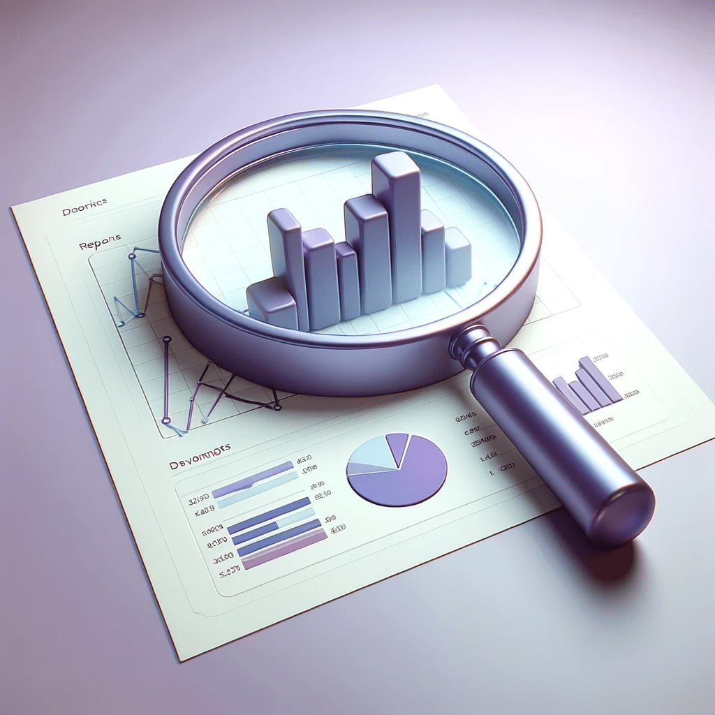 3D model illustration of a magnifying glass hovering over a digital report, zooming in on key Google Analytics metrics for businesses.