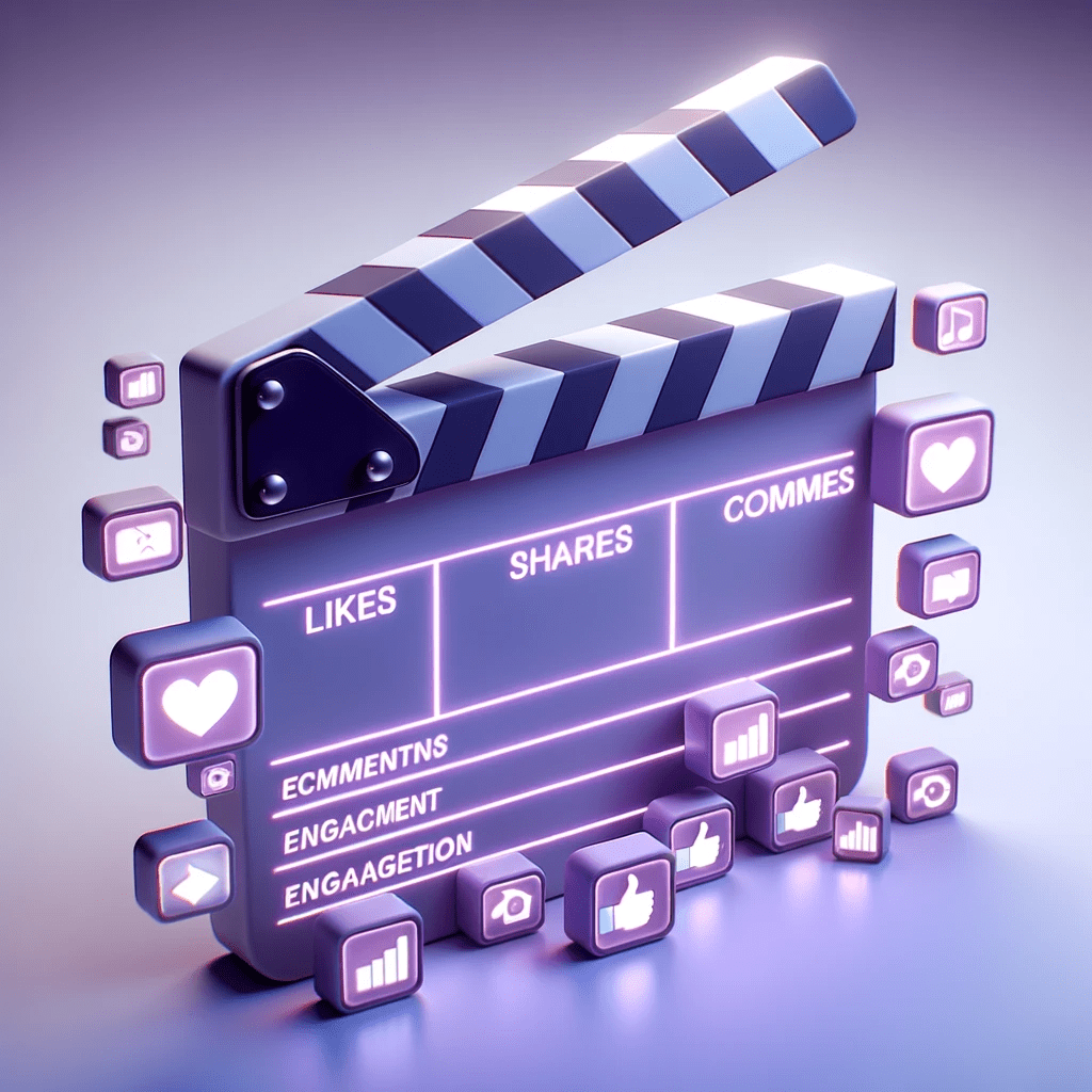 3D model illustration of a clapperboard with digital enhancement, showcasing icons of likes, shares, and comments, symbolizing video content engagement.