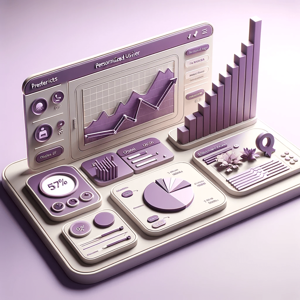 3D model illustration of a dashboard displaying personalized user data, preferences, and a rising conversion rate graph. It signifies power of personalization on boosting conversion rates.