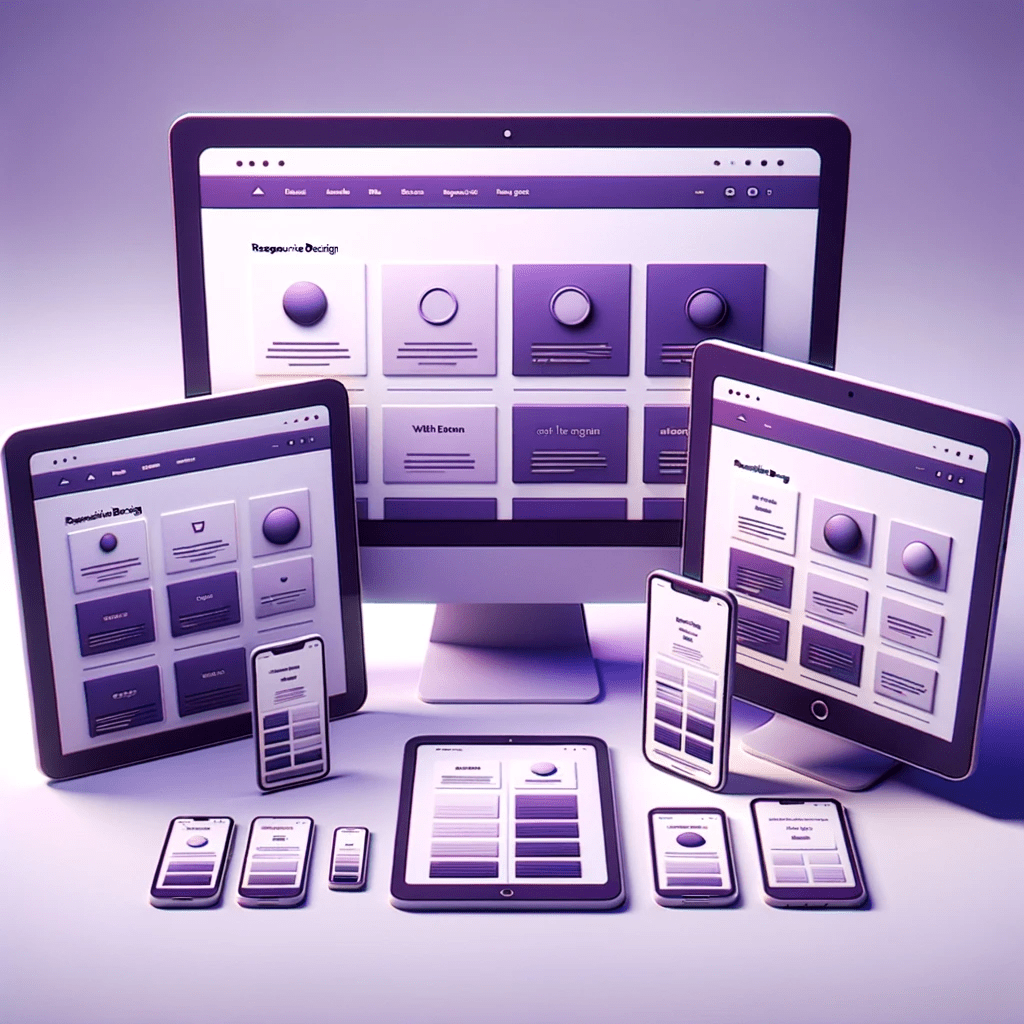 3D model illustration of a spectrum of devices ranging from a desktop monitor to a tablet to a smartphone, all displaying the same web interface adjusted to fit each screen size perfectly, illustrating the principle of responsive design.