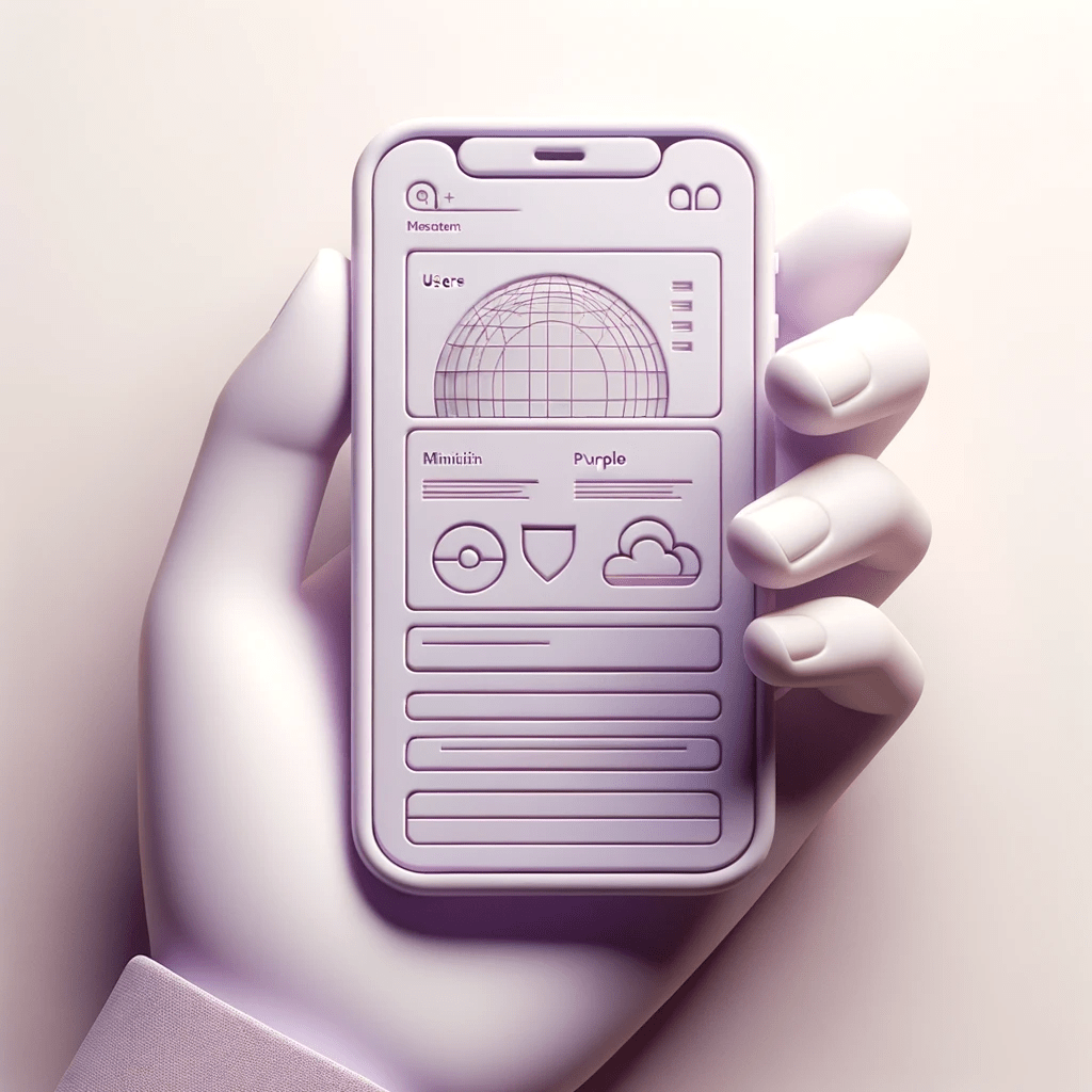 3D model illustration of a mobile device held in a hand, showcasing a user-friendly, minimalist web interface with intuitive navigation and sparse content, and representing minimalist web design principles.