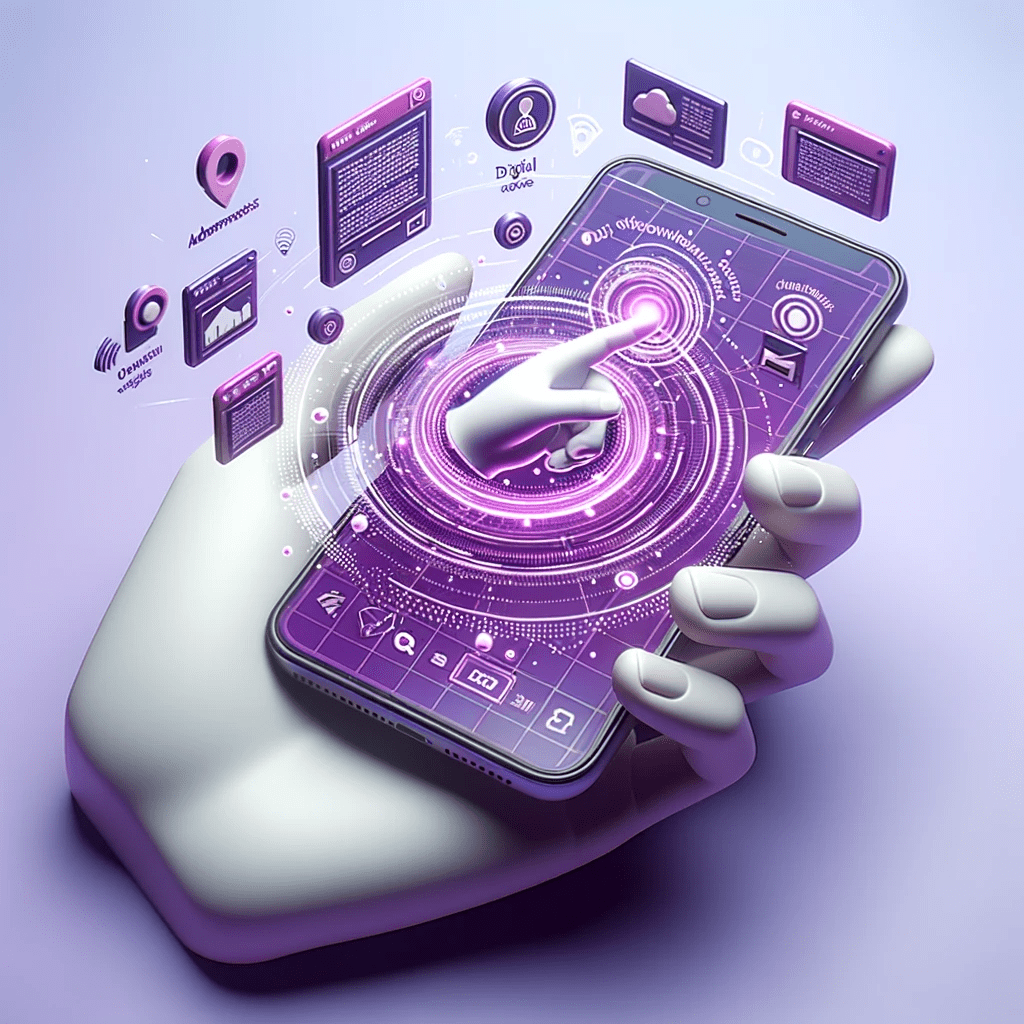 3D model illustration of a hand holding a smartphone, with augmented reality overlays popping out from the screen, showcasing advertisements and digital marketing.