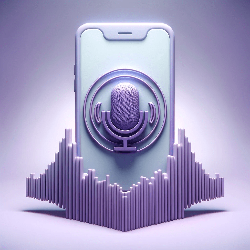 3D model illustration of a smartphone with a voice search icon on its screen, and sound waves radiating from it.