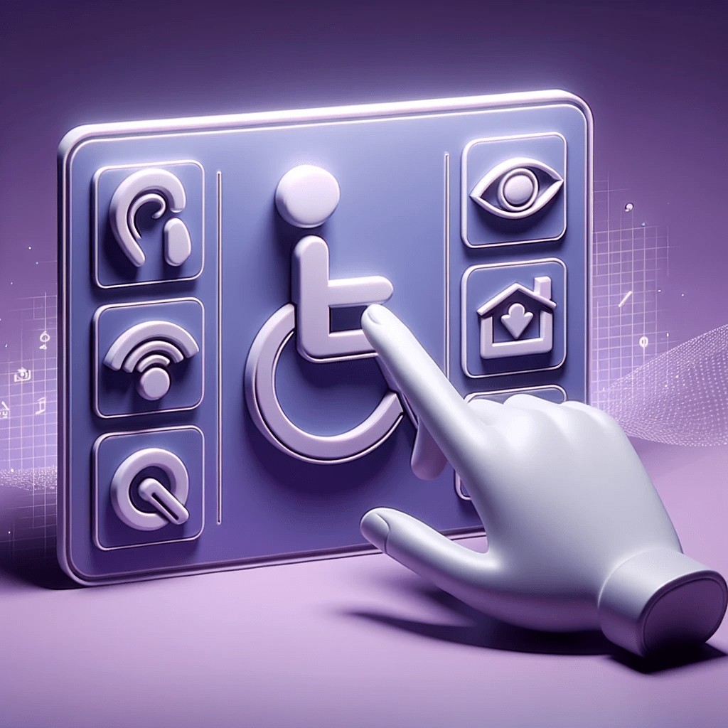 3D model illustration of a hand touching a screen with various accessibility icons like a wheelchair, an ear, and an eye, indicating features for mobility, hearing, and visual impairments; which is representing web design accessibility.