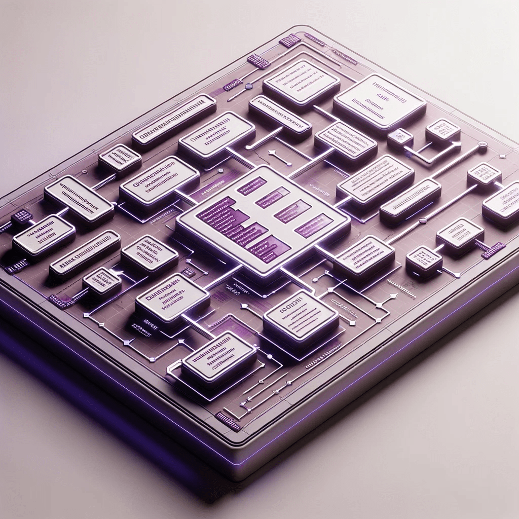 3D model illustration of a futuristic digital board displaying a matrix of web development frameworks, with arrows and lines indicating their relation.